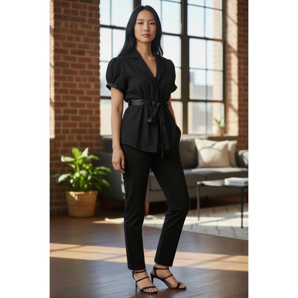 Arden B Black Peplum Blouse Tie Waist Textured Puff Sleeve Top L fitted